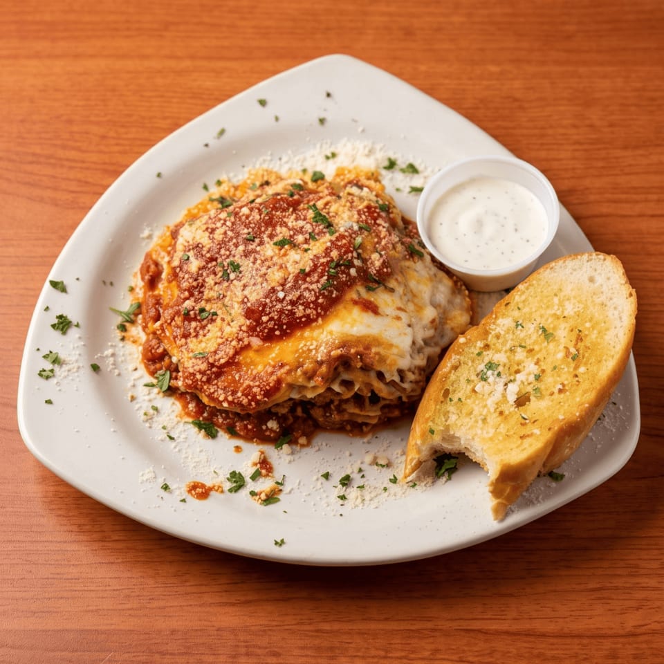 Cheesy baked pasta topped with marinara and herbs, served with garlic bread and a cup of creamy dipping sauce.