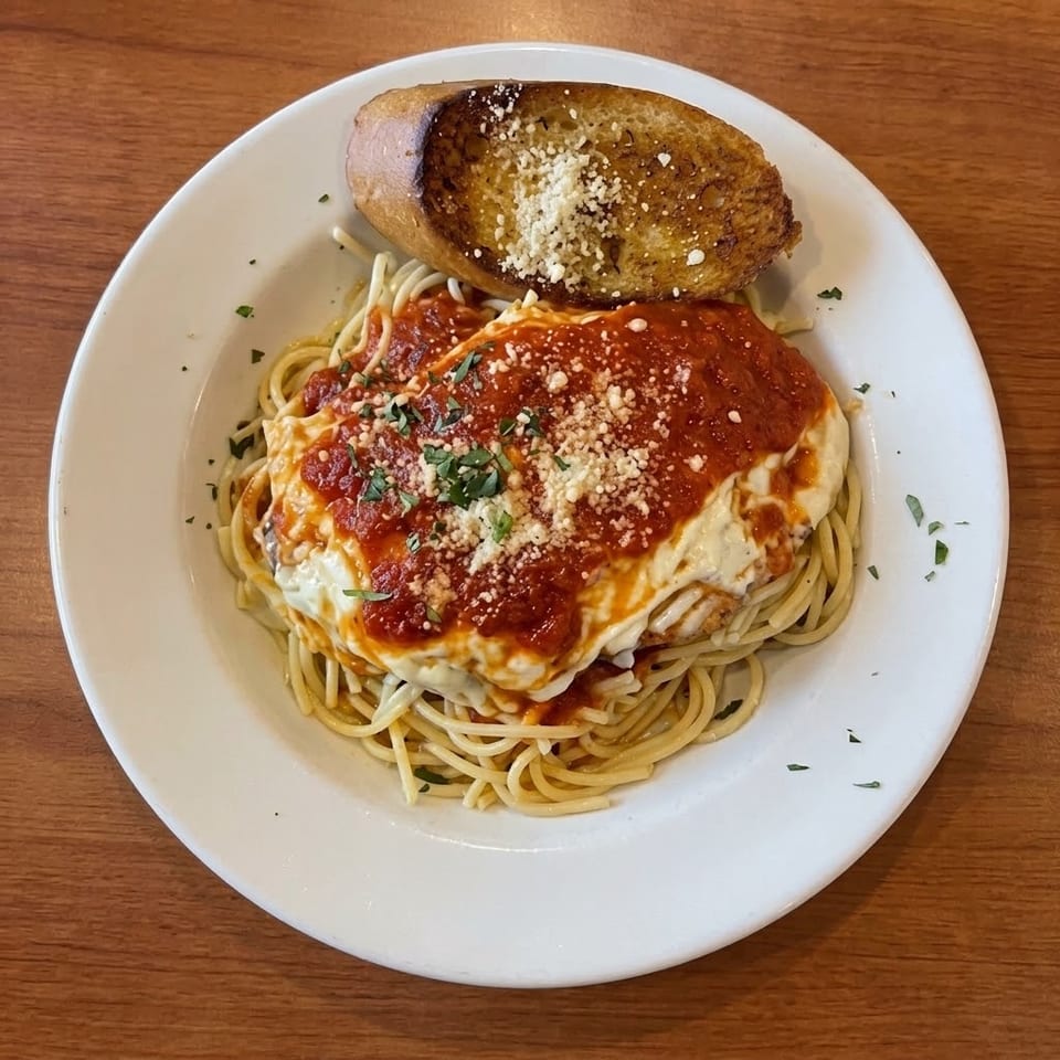 Chicken Parmesan with marinara, melted cheese, and spaghetti served with garlic bread on a white plate.