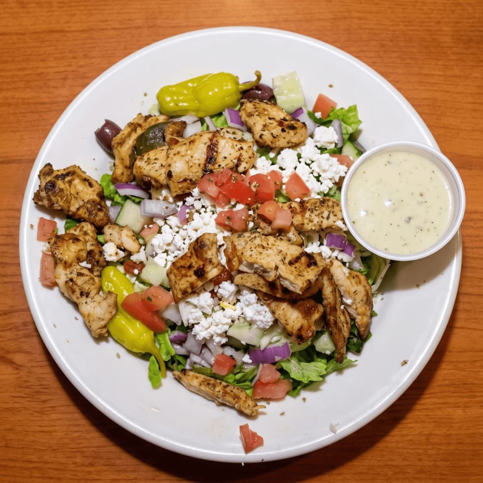 Greek salad topped with grilled chicken, feta cheese, tomatoes, cucumbers, onions, peppers, and creamy dressing on a white plate
